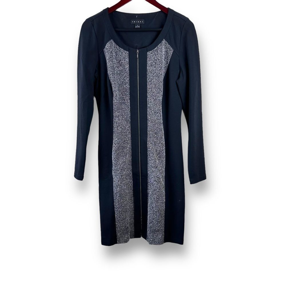 Tribal Women's 8 Long‎ Sleeve Zip Front Pencil Dress Black Gray Tweed Colorblock